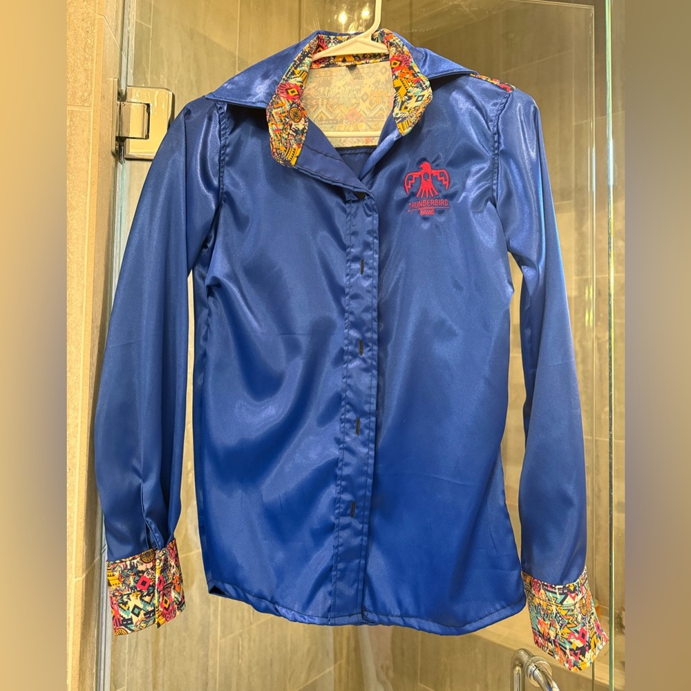 Thunderbird Blue Satin with Colorful Accents Performance Rodeo shirt